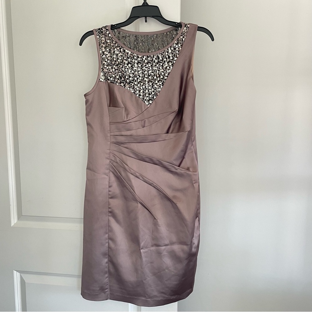 Donna Ricco Taupe Illusion Neck Sequin Ruched Semi Formal Dress Size 8